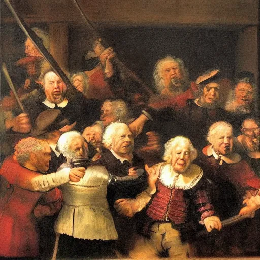 Prompt: retirement home mosh pit, art by Rembrandt