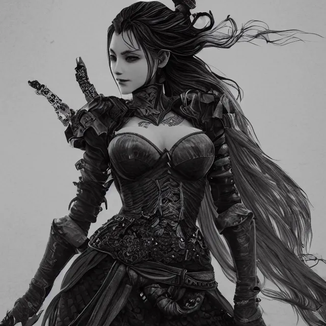 Prompt: the portrait of the neutral evil fallen female dark knight vagabond as absurdly beautiful, gorgeous, elegant, sophisticated gravure idol, an ultrafine hyperdetailed illustration by kim jung gi, irakli nadar, intricate linework, detailed faces looking up, octopath traveler, final fantasy, unreal engine 5 highly rendered, global illumination, detailed and intricate environment