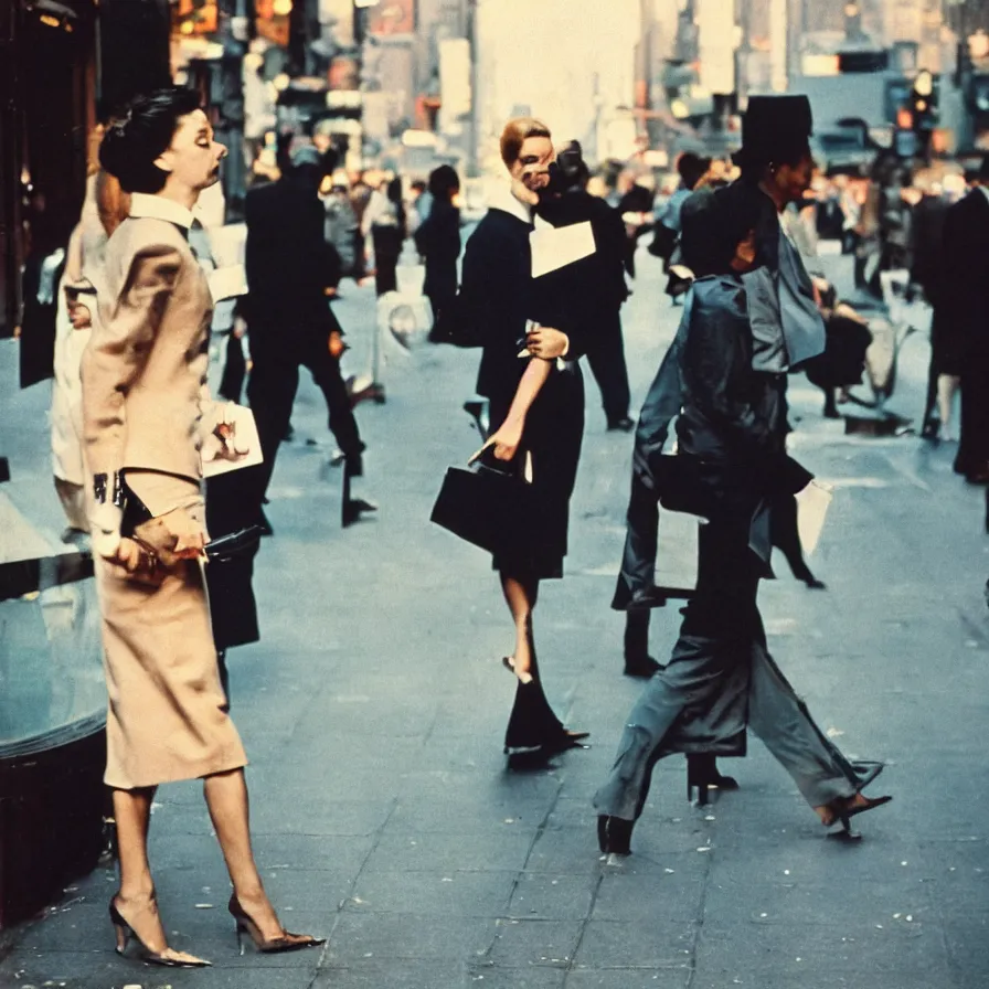 Image similar to portrait of a woman in a suit in the streets of new york, 1 9 6 0 s, colour film street photography, photo taken with ektachrome, featured on flickr, photographed on damaged film