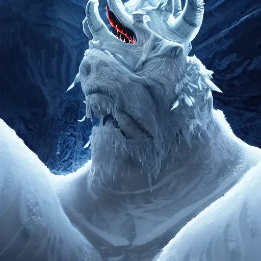 Image similar to A monster in the Arctic covered in snow, fractal Lighting, by Stanley Artgerm Lau, WLOP, Rossdraws, James Jean, Andrei Riabovitchev, Marc Simonetti, and Sakimichan, trending on artstation