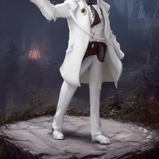 Prompt: white anthropomorphic lynx cat in victorian white man suit and white fur coat, full body by craig mullins and noriyoshi ohrai, unreal engine character, furry art, steampunk fantasy style, 4 k, trending on artstation