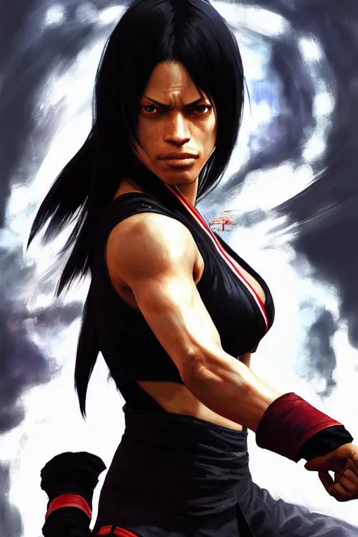 Image similar to Tekken 4 fighter anime Stunning Portrait Rosario Dawson with Karate master uniform, short black hair with a sword on her back in a fighting stance, digital painting, artstation, concept art, soft light, hdri, smooth, sharp focus, illustration, art by tian zi, craig mullins, Mark Arian, WLOP, alphonse mucha