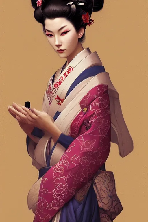 Image similar to Beautiful Geisha Portrait, character portrait art by Mandy Jurgens, 4k portrait, magical mood from japan, cgsociety