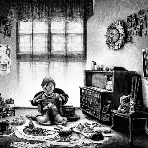 Prompt: a black and white photo, a child sits in a cluttered bedroom, in front of a computer, as their imagination spills onto the screen ond out the other side into a wave of color and magic, detailed intricate ink illustration, dark atmosphere, detailed illustration, hd, 4k, digital art, overdetailed art, concept art, by greg rutkowski, by loish, complementing colors, Trending on artstation, deviantart