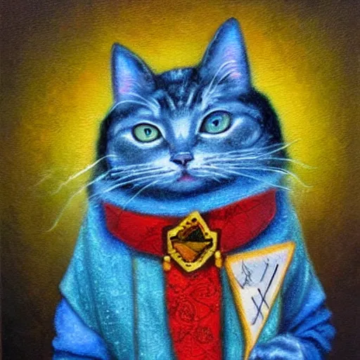 Prompt: a super math wizard cat, richly textured oil painting