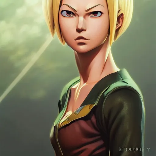Image similar to highly detailed vfx portrait of android 1 8 by eiichiro oda!, stephen bliss, greg rutkowski, loish, rhads, beeple, makoto shinkai, tom bagshaw, alphonse mucha, sharp focus, art by artgerm and greg rutkowski, stanley kubrick, backlit, harsh overhead sunlight,