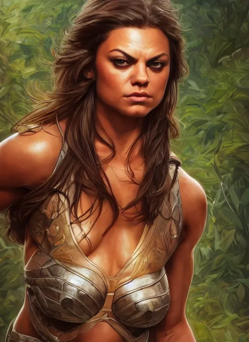 Image similar to Mila Kunis as a very muscled rugged looking Amazon, intricate, elegant, highly detailed, centered, digital painting, artstation, concept art, smooth, sharp focus, illustration, art by artgerm and donato giancola and Joseph Christian Leyendecker, WLOP