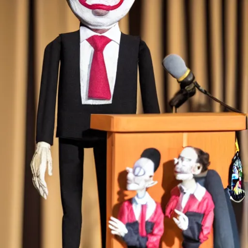 Image similar to marionette of a president with clown makeup in a podium and a human shadow behind