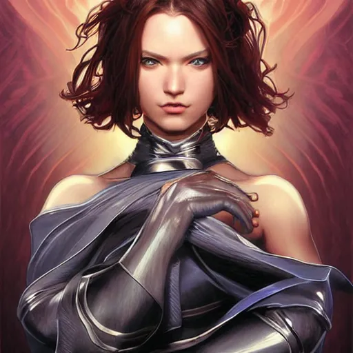 Image similar to character concept, portrait, symmetrical head - on centralized, young woman with dark ninja clothes. detailed, high quality, dynamic lightning, fantasy, scenematic. artwork by artgerm, wlop, alex ross, greg rutknowski, alphonse mucha