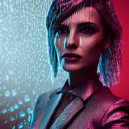 Image similar to stylish woman cartoon portrait made out of rain, pinstripe suit, shiny metal crown, cyberpunk background, rendered in octane, unreal engine, highly detailed, trending on artstation, realistic, neon, beautiful