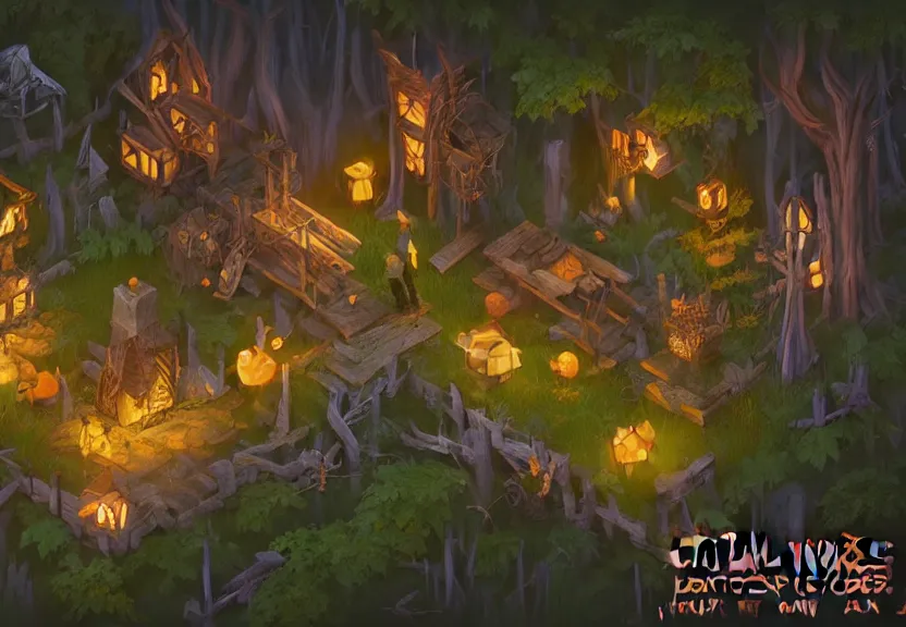 Image similar to evil forest halloween themed isometric game level, with detailed wood, lanterns, toon shader, arnold maya render, artstation by miha rinne