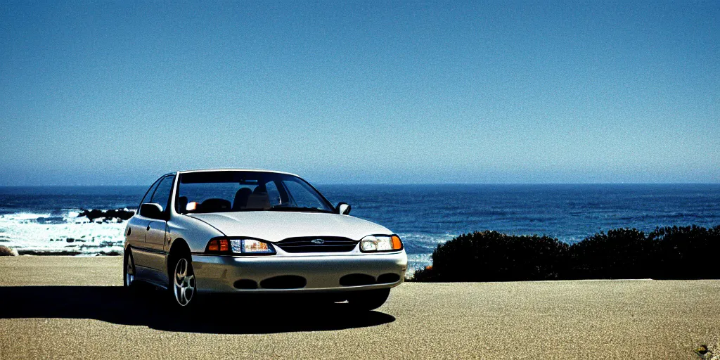 Image similar to photograph, 1999 Subaru GC8, cinematic, california coast, ocean view, 8k, depth of field, bokeh.