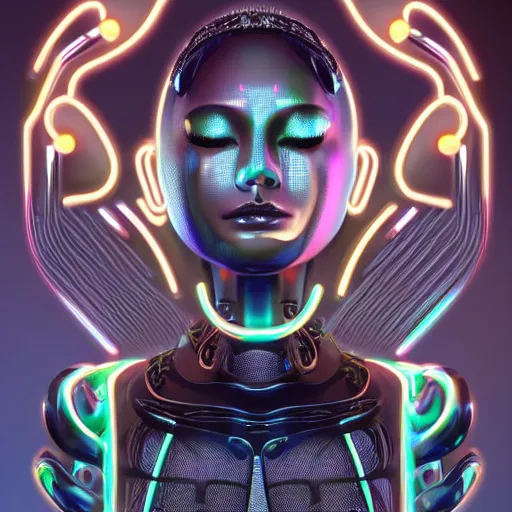 Prompt: an extremely beautiful biomechanical female robot with large emoji, twins, neon jacuzzi, oppai cyberpunk, chimeric organism, pale skin, organic polycarbon, full frontal portrait, highly detailed, transhumanist hydration, light bath, symmetrical, goddess, mendelbrot fractal, ray tracing, hyperdetailed, hyperrealistic, trending on artstation, octane render, hdr, uhd 4k