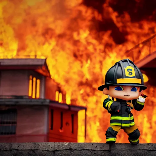 Prompt: dirty heroic firefighter in action as nendoroid in black and yellow uniform, with fire flames and ruined building in background, sharp details, sharp focus, anime, disney, pixar, 8 k, hd, dof, kodak film, volumetric lighting, subsurface scattering, photorealistic, octane render, details