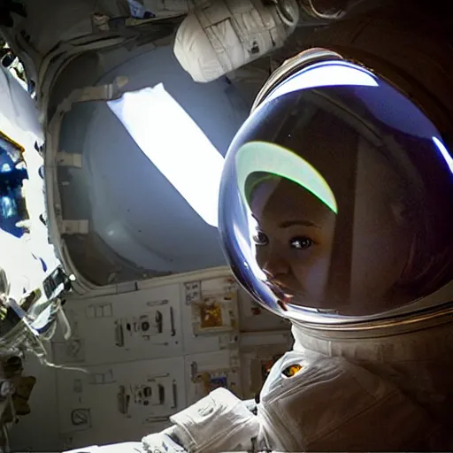 Prompt: “dark skinned astronaut wearing translucent helmet waving at the international space station nigerian woman facial features highly detailed professional photography 400mm fisheye in the style of Edward hooper”