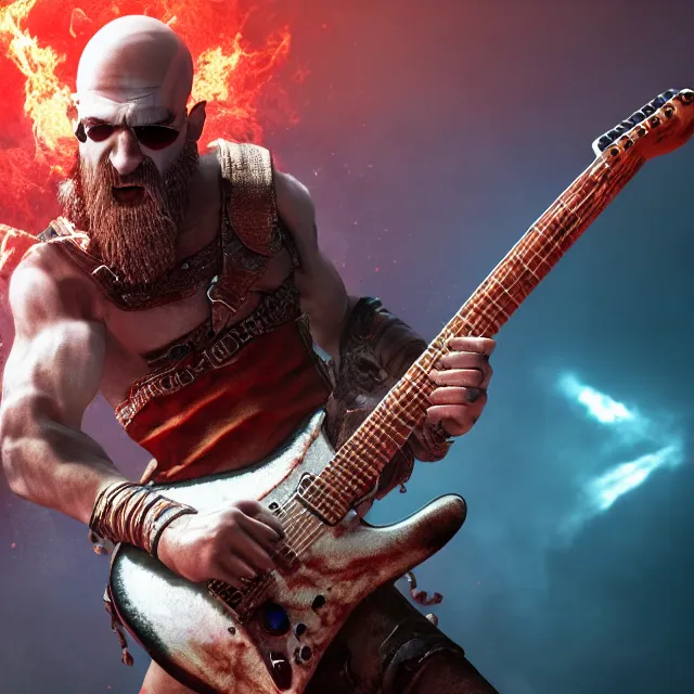 Prompt: sunglasses wearing ashen kratos rocking out on a stratocaster guitar, cinematic render, god of war 2 0 1 8, playstation studios official media, sunglasses, lightning, flames
