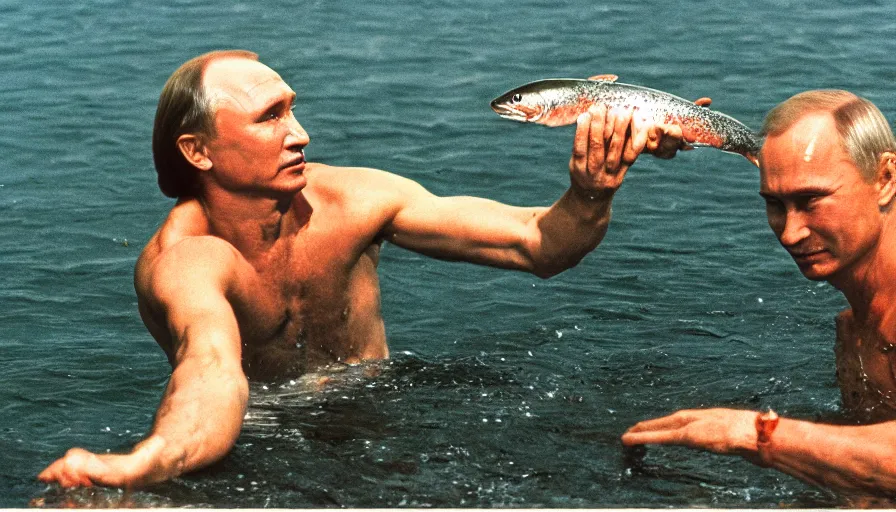 Image similar to 7 0 s movie still of putin in speedo, catching a salmon with his hands, focus on face. cinestill 8 0 0 t _ 3 5 mm eastmancolor, heavy grain, high quality, high detail
