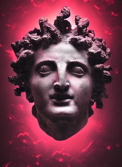 Image similar to dark design poster showing a heroic statue of dionysus, black background with very subtle red and purple design elements, powerful, nekro, vito acconci, thin straight lines, dark, glitch art, neo vaporwave, gritty, layout frame, square, trending on artstation