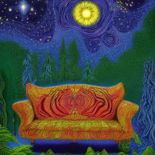 Image similar to psychedelic couch sofa in the lush forest, milky way, designed by moebius, rob gonsalves, gustav dore, giuseppe arcimboldo and carl barks, louis wain, trending on artstation, mediterranean, star, sharp focus, colorful refracted sparkles and lines, soft light, 8 k 4 k