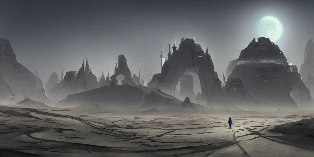 Prompt: dune city and temples of arrakis, arrakeen, but with trees and water, arab ar architectural and brutalism and gigantism, from frank herbert novels, composition idea concept art for movies, style of denis villeneuve and greg fraiser