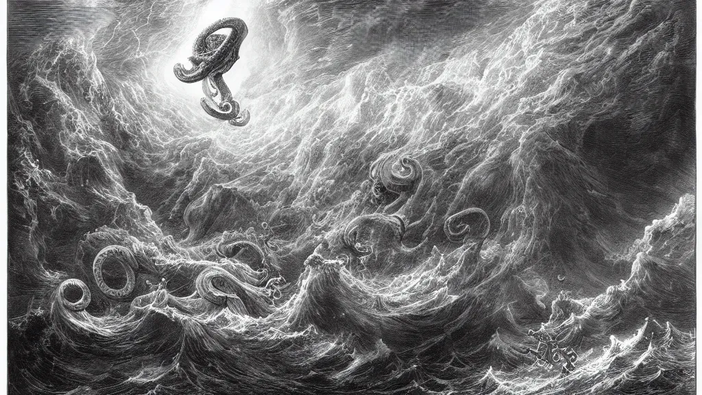 Image similar to drawing of a giant octopus attacking a spaceship above a stormy ocean, by gustave dore, nineteenth century, black and white, vintage, science fiction, epic composition, dramatic lighting, highly detailed, cinematic