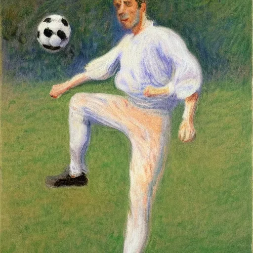 Prompt: monet painting of a skinny blonde man tripping over a soccer ball, highly detailed, realistic,