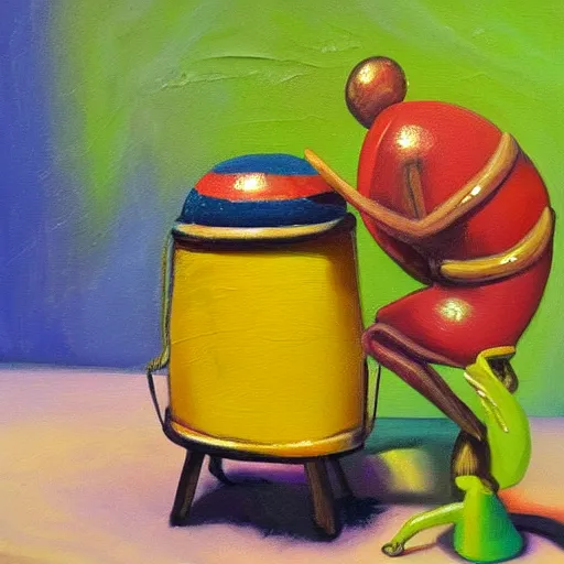 Image similar to a funky little beetle playing a bongo at a party, oil painting, high detail, funky!