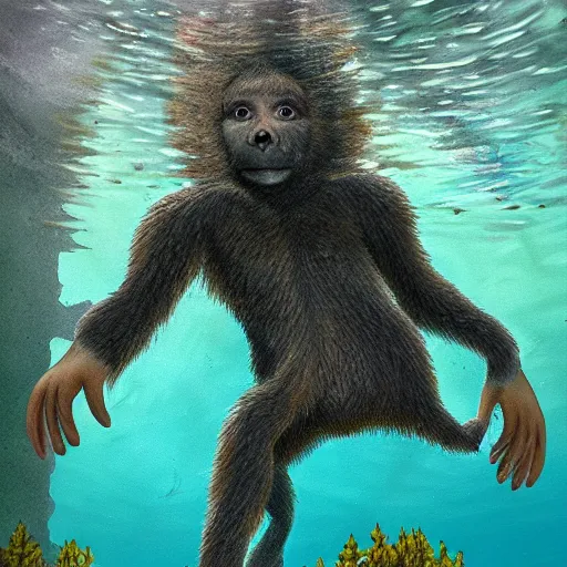 Prompt: Marc Simonette, bigfoots pulling a child underwater, trees, ultra detailed