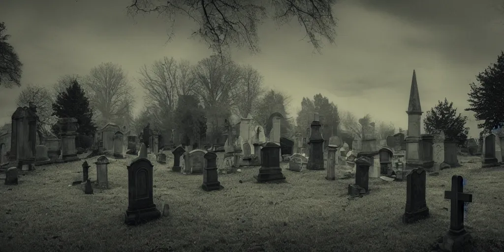 Prompt: ghosts in an old church yard cemetery, a ghostly figure os walking between the grave stones, night time low light, spooky and scary atmosphere, artstation flames from church windows,