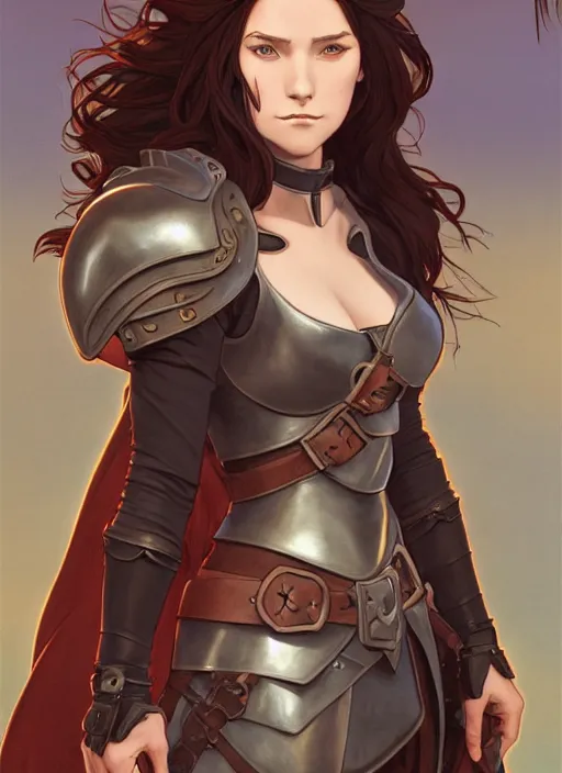 Image similar to strong female rogue in leather armor and cloak with long glowing brown hair, path traced, highly detailed, high quality, digital painting, by studio ghibli and alphonse mucha, leesha hannigan, makoto shinkai, disney