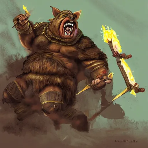 Image similar to An orc throwing a boar, digital art