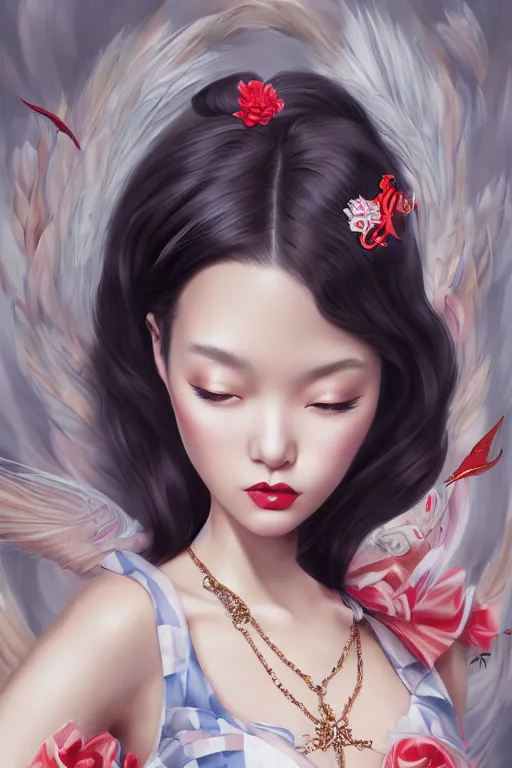 Image similar to a pin up and beautiful fashion and charming and dreamlke japan girl with lv jewelry, art by artgerm & jeehyung lee & wlop, hyperdetailed, 8 k realistic, symmetrical, frostbite 3 engine, cryengine, dof, trending on artstation, digital art, lv, dior