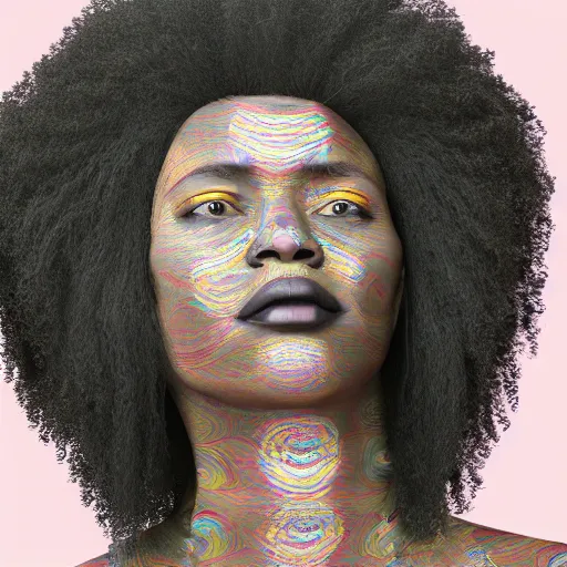 Image similar to photorealistic portrait of a black woman with an afro, trippy, 4 k, 8 0 mm