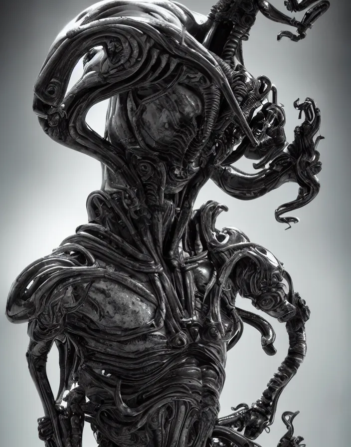 Image similar to engineer prometheus, xenomorph alien, highly detailed, symmetrical long head, smooth marble surfaces, detailed ink illustration, raiden metal gear, cinematic smooth stone, deep aesthetic, concept art, post process, 4k, carved marble texture and silk cloth, latex skin, highly ornate intricate details, prometheus, evil, moody lighting, hr geiger, hayao miyazaki, indsutrial Steampunk