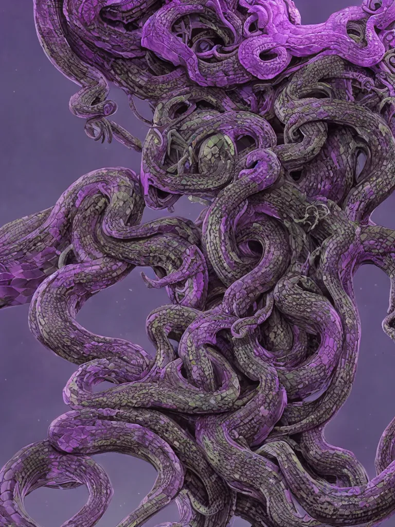 Image similar to beautiful medusa gorgon highly detailed snakes, cosmic horror, abstract, ghostly, arcade, duotone, poltergeist, epic lighting, intricate, elegant, highly detailed, smooth, sharp focus, photo real, ultra realistic, unreal engine 5, raytracing, in the style of beeple and mike winkelmann, ultraviolet colors,