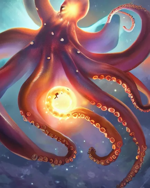 Prompt: octopus flying in space, detailed digital painting, professional concept art, hearthstone