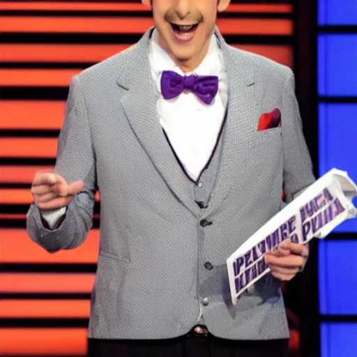 Prompt: Pee-wee Herman as the host of Jeopardy