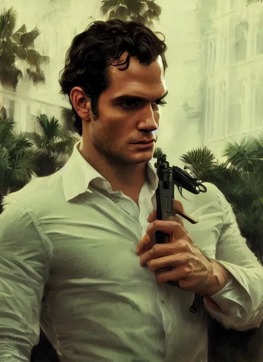 Image similar to portrait of henry cavill as james bond, key art, sprinting, palm trees, vintage aston martin, highly detailed, digital painting, artstation, concept art, cinematic lighting, sharp focus, illustration, by gaston bussiere alphonse mucha