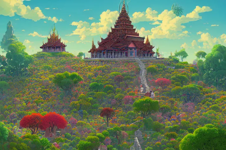 Image similar to surreal glimpse into other universe, floating island in the sky, a thai temple on a mound, summer morning, very coherent and colorful high contrast, art by gediminas pranckevicius, geof darrow, makoto shinkai, dark shadows, hard lighting