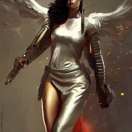 Prompt: angel in plastic armor, high fashion, pretty face, full body shot, well built, art by greg rutkowski