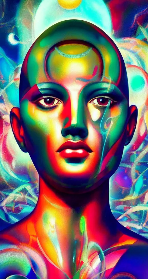 Image similar to art deco close up portait of head surrounded by spheres, like a dream digital painting cinematic dramatic fluid lines otherworldly vaporwave interesting details rule of thirds epic composition by artgerm basquiat