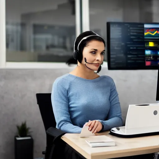 Prompt: woman wearing headset in sit infront computer talking with customers. work from office. photo, digital camera photo.