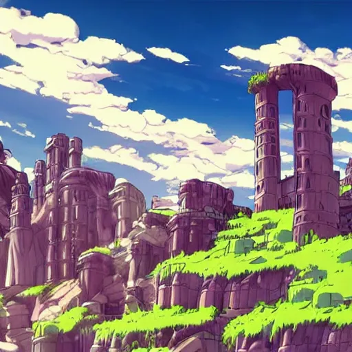 Image similar to futuristic ruins on a mountainside, colorful ruins, mega ruins, clouds on mountain, ruined buildings on mountainside, cel - shading, cel - shaded, 2 0 0 1 anime, bright sunshine