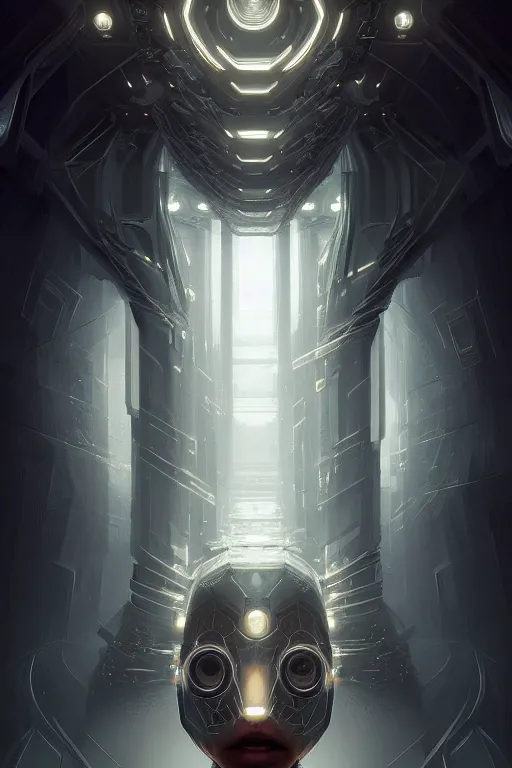 Image similar to professional concept art symmetrical portrait of a horrendous robotic fractal species in a dark room by artgerm and greg rutkowski. an intricate, elegant, highly detailed digital painting, concept art, smooth, sharp focus, illustration, in the style of cam sykes.