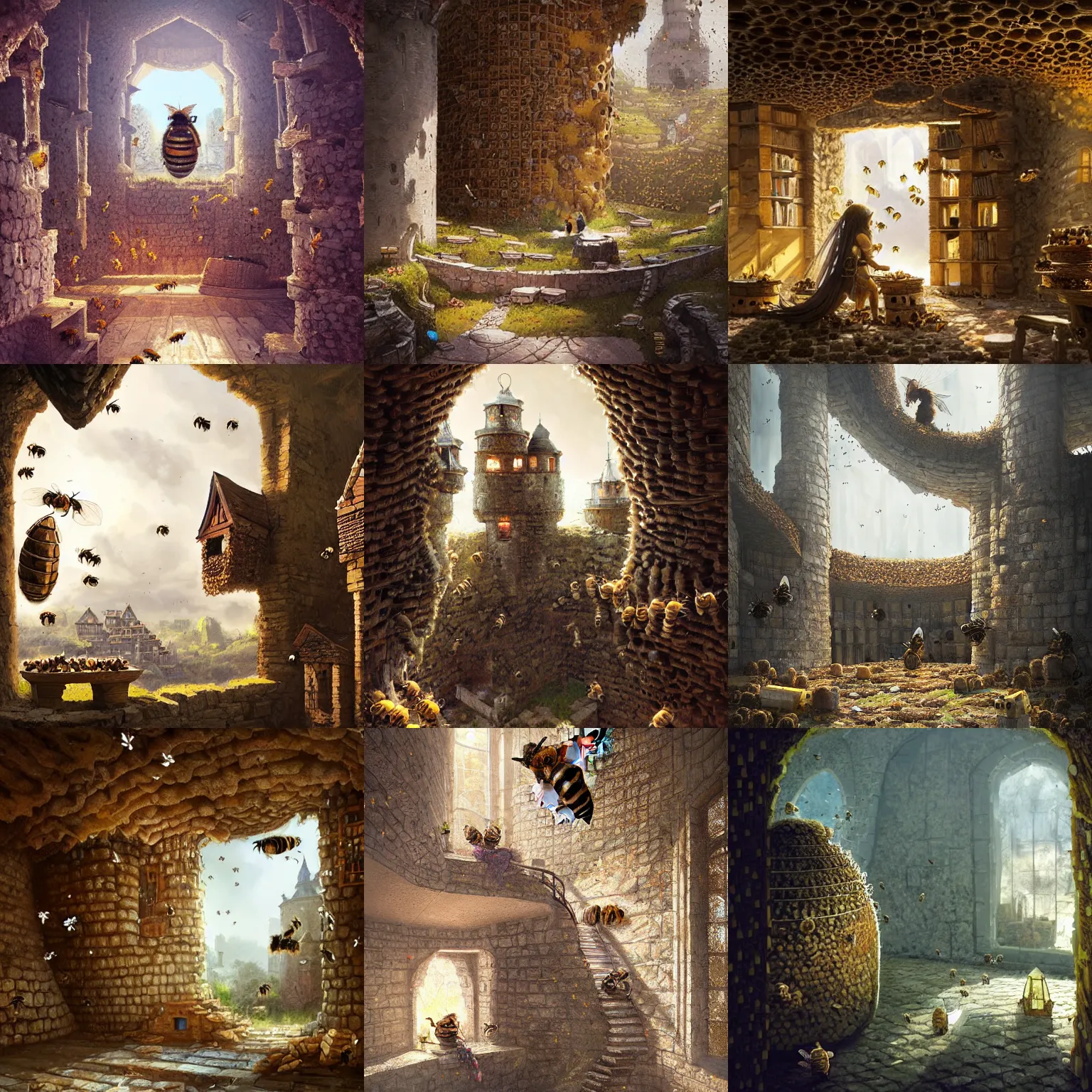 Prompt: inside a beehive castle inhabited by bees, presided over by a queen bee, greg rutkowski