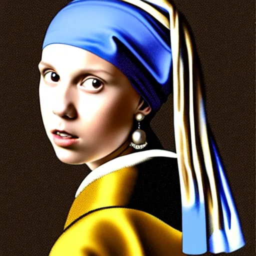 Image similar to Millie Bobby Brown with the pearl earring by Johannes Vermeer