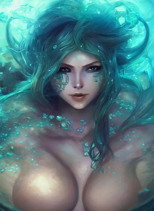 Image similar to nami the siren, from league of legends, au naturel, underwater, green skin, hyper detailed, digital art, trending in artstation, cinematic lighting, studio quality, smooth render, unreal engine 5 rendered, octane rendered, art style by klimt and nixeu and ian sprigger and wlop and krenz cushart