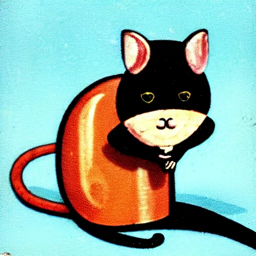 Image similar to a rat with a cat's head and a snail shell on its back, 1 9 7 0 s style