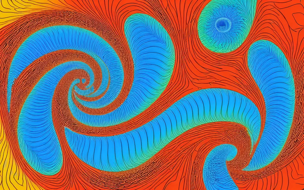 Prompt: fibonacci sequences, cascading trough out the universe. fractal wave. retro minimalist art by jean giraud.