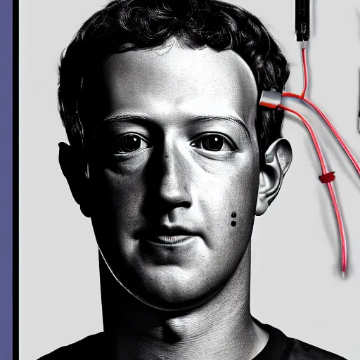 Prompt: mark zuckerberg as an android, robotic face, screws and wires